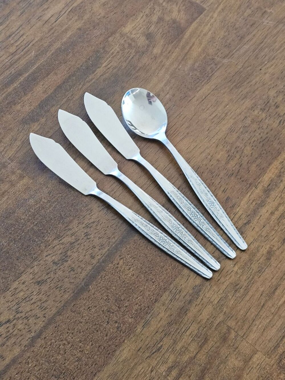 Vintage Interpur Single Rose Butter Knife Spoon Set Stainless Mid Century Japan